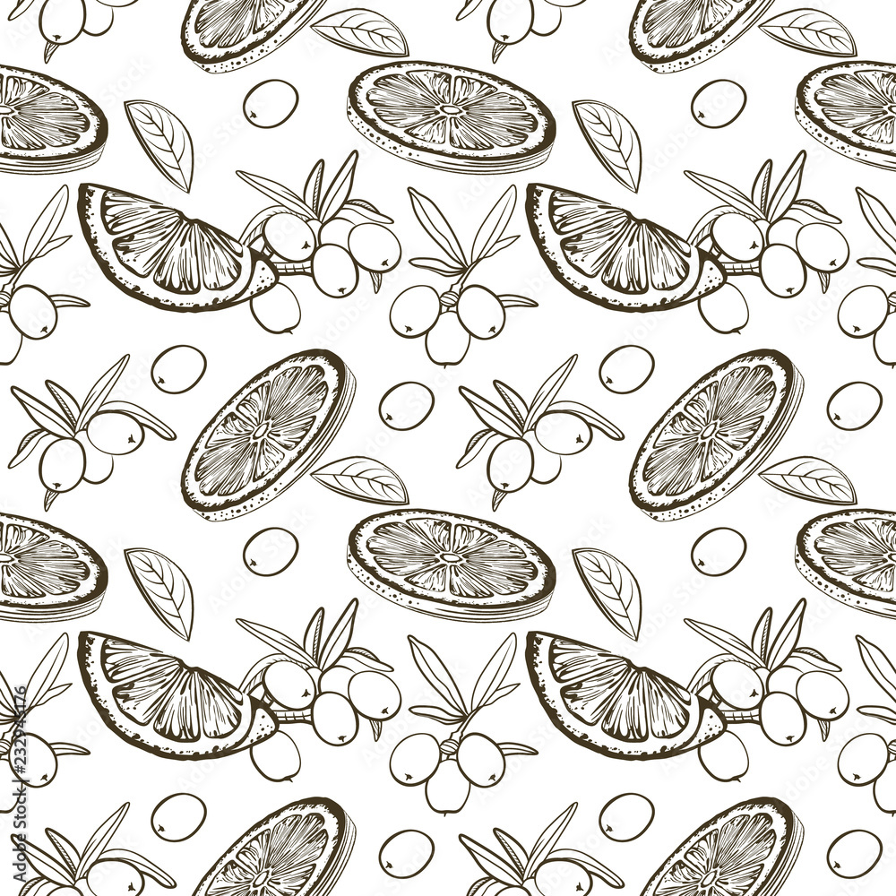 Sea buckthorn branch and lemon seamless pattern. Hand drawn berry and fruit illustration. Sketch style. Elements for menu, greeting cards, wrapping paper, cosmetics packaging, posters etc Sea buckthorn branch and lemon seamless pattern. Hand drawn berry and fruit illustration. Sketch style. Elements for menu, greeting cards, wrapping paper, cosmetics packaging, posters etc