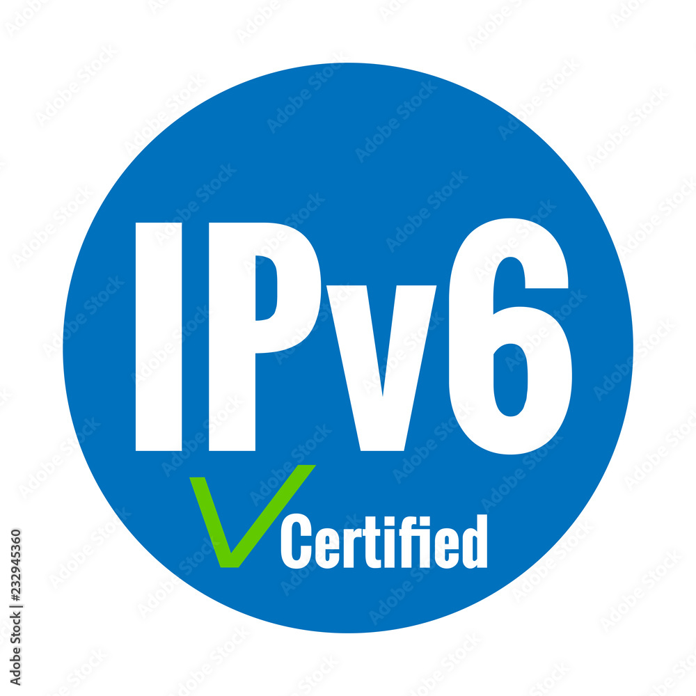 White text IPv6 certified on blue background. Green check mark. White text IPv6 certified on blue background. Green check mark.