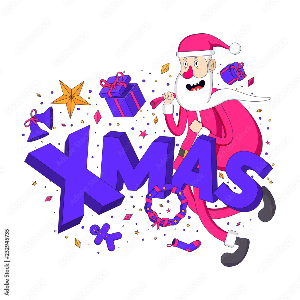 Santa Claus with a bag in his hands and Christmas doodles. Merry Christmas and happy New year. Vector illustration Santa Claus with a bag in his hands and Christmas doodles. Merry Christmas and happy New year. Vector illustration
