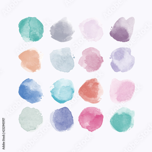 Set of colorful watercolor hand painted round shapes, stains, circles, blobs isolated on white. Elements for artistic design