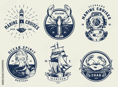 Vintage monochrome nautical emblems set