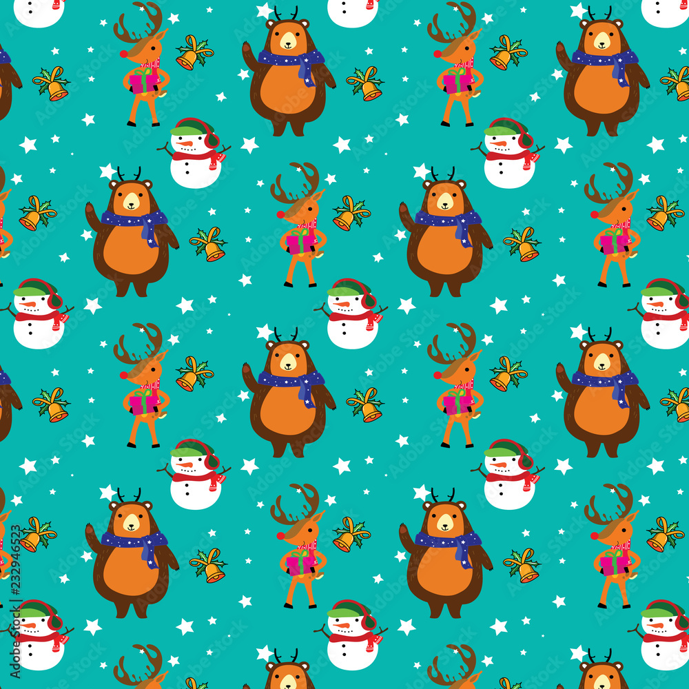 Seamless vector pattern with Bear Snowman and Deer. Can be used for wallpaper, pattern fills, web page background, surface textures, gifts. Creative Hand Drawn textures for winter holidays.