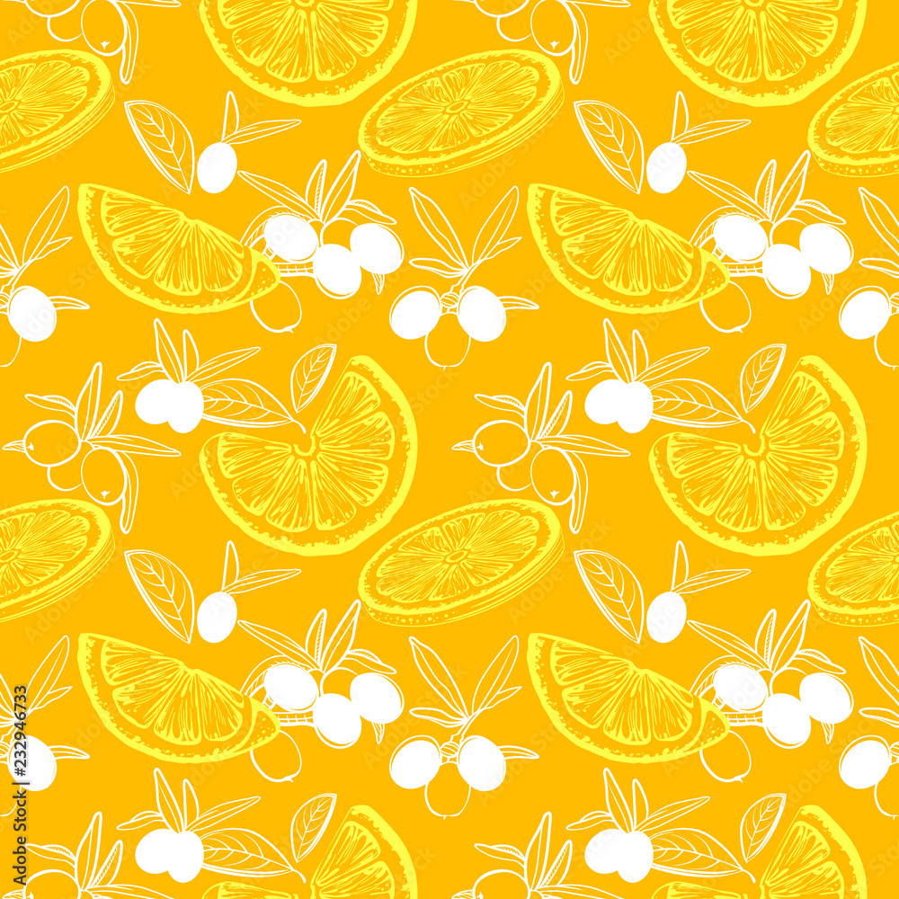 Sea buckthorn branch and lemon seamless pattern. Hand drawn berry and fruit illustration. Sketch style. Elements for menu, greeting cards, wrapping paper, cosmetics packaging, posters etc Sea buckthorn branch and lemon seamless pattern. Hand drawn berry and fruit illustration. Sketch style. Elements for menu, greeting cards, wrapping paper, cosmetics packaging, posters etc
