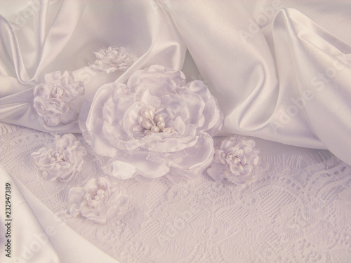 Wedding decorations, silk, lace, silk flowers