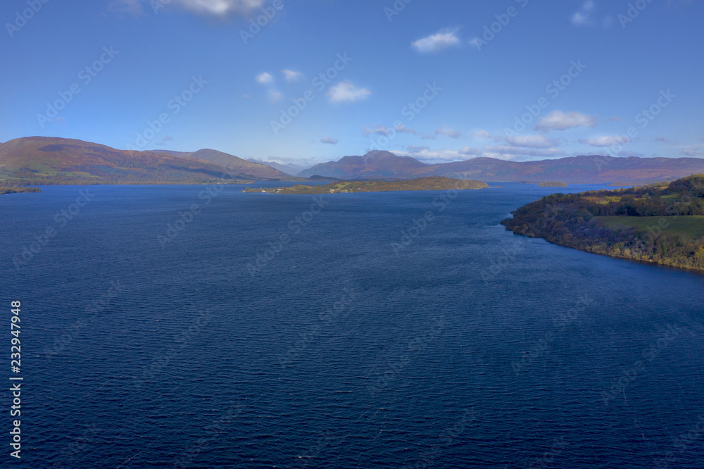 Obraz premium Aerial view of Beautiful Loch Lomond in Scotland, UK