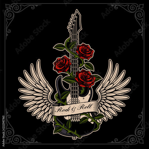 Vector illustration of guitar with wings and roses in tattoo style.