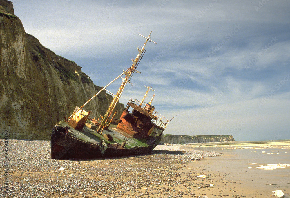France. A ship wreck on the coast of Normandie