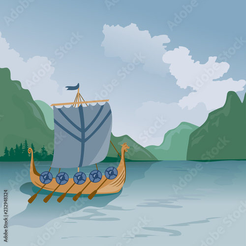 Drakkar medieval ship sailing on the sea