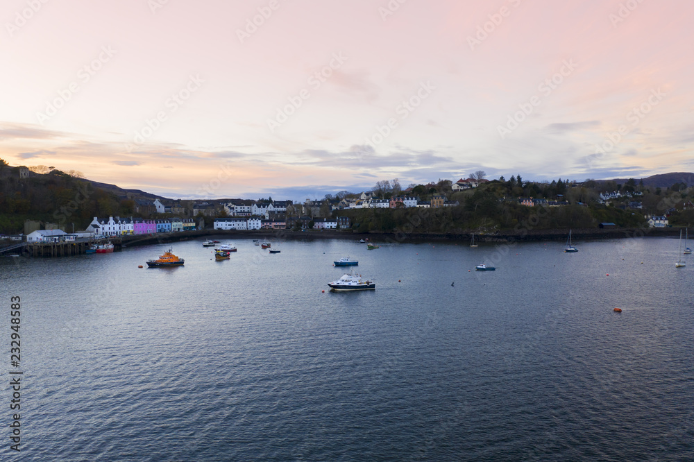 Sunset aerial view of Portree Harbour, Isle of Skye, Scotland 