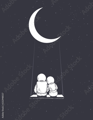 Astronauts girl and boy sits on swing and look to universe.Hand drawn style.Space vector illustration