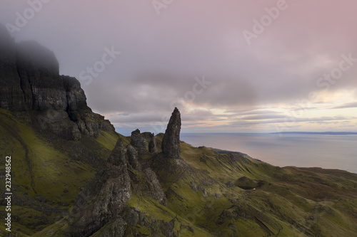 Old Man of Stor aerial view at dawn