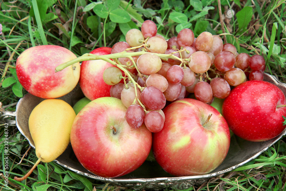autumn still life. apples, pear and grapes in old bowl autumn still life. apples, pear and grapes in old bowl