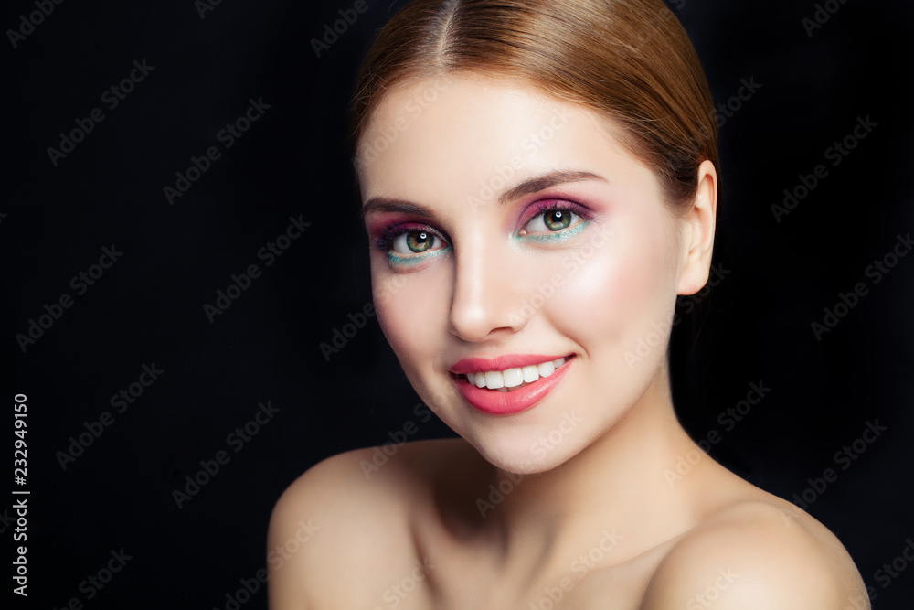 Portrait of cheerful woman with makeup on black Portrait of cheerful woman with makeup on black