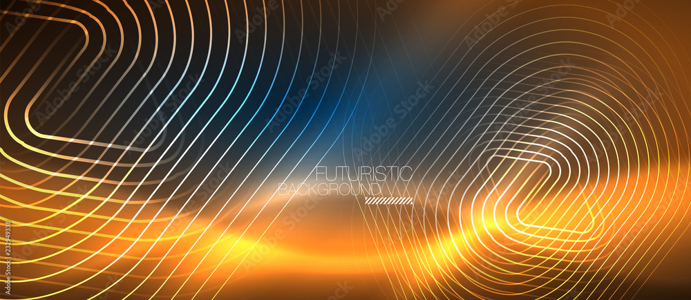 Neon glowing techno lines, hi-tech futuristic abstract background template with geometric shapes Neon glowing techno lines, hi-tech futuristic abstract background template with geometric shapes