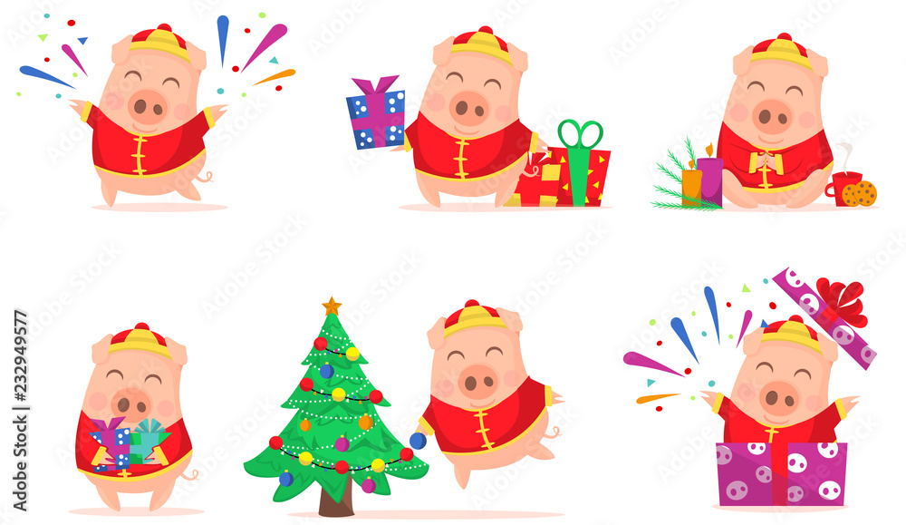Vector little cartoon pigs characters posing in different situations. Illustrations of set cute piggys. Piglet illustration for card, posters, invitations, children room, decoration