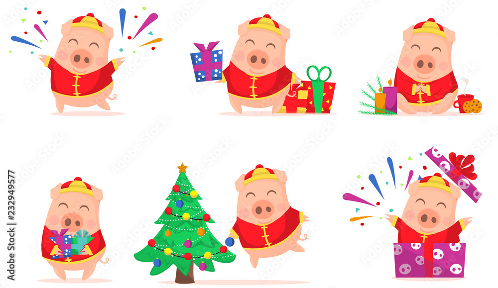 Vector little cartoon pigs characters posing in different situations. Illustrations of set cute piggys. Piglet illustration for card, posters, invitations, children room, decoration Vector little cartoon pigs characters posing in different situations. Illustrations of set cute piggys. Piglet illustration for card, posters, invitations, children room, decoration