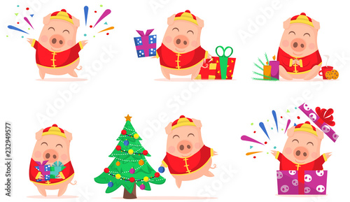 Vector little cartoon pigs characters posing in different situations. Illustrations of set cute piggys. Piglet illustration for card  posters  invitations  children room  decoration