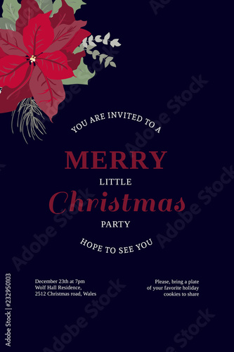 Floral vintage invitation card in poinsettia, Christmas tree twigs, herbs. Winter background. Greeting card template. Design artwork for the poster, wedding invitation. Place for text.