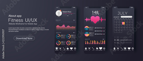 Different UI, UX, GUI screens fitnes app, responsive mobile app.Web design and mobile template. Infographic on benefits of healthy lifestyle