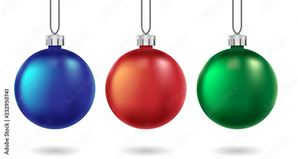 Red, blue and green christmas balls isolated on white. Christmas and New Year bauble for cards, banners or holiday decoration. Vector illustration. Red, blue and green christmas balls isolated on white. Christmas and New Year bauble for cards, banners or holiday decoration. Vector illustration.