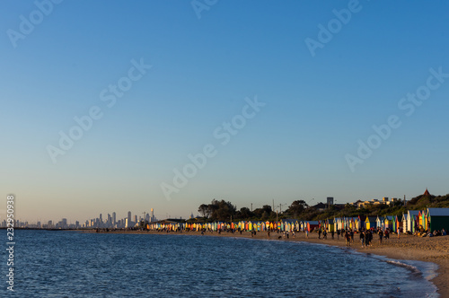 Brighton Beach with the Melbourne skyline in the background, Australia. © nilsversemann