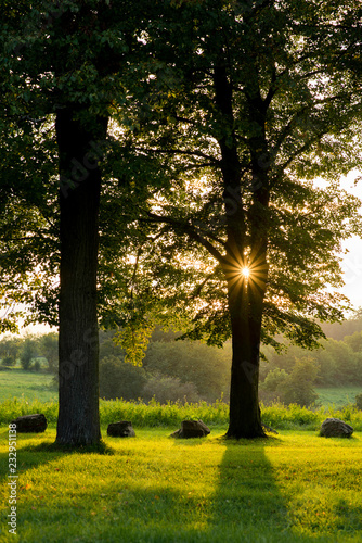 Low setting sun in green park casting long shadows. Chapel of Gods mother by the Veveri castle Brno Czech Republic