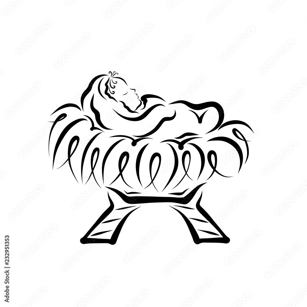 Jesus sleeping in the manger, Christmas, black outline Jesus sleeping in the manger, Christmas, black outline