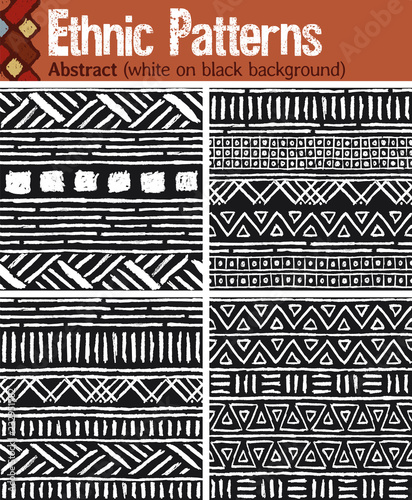 Wallpaper Mural Abstract (white on black background). 4 seamless patterns for Illustrator in tribal style, made from hand-drawn drawings.  Torontodigital.ca
