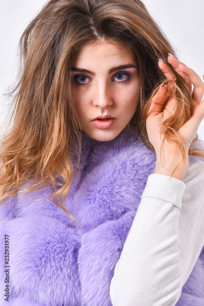 Girl fur coat posing with hairstyle on white background. Prevent winter hair damage. Winter hair care tips you should follow. Hair care concept. Woman makeup face touch hair volume hairstyle Stock Photo | Girl fur coat posing with hairstyle on white background. Prevent winter hair damage. Winter hair care tips you should follow. Hair care concept. Woman makeup face touch hair volume hairstyle Stock Photo |