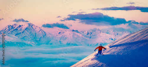 Billede på lærred Ski with amazing view of swiss famous mountains in beautiful winter snow Mt Fort