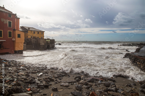 GENOA, ITALY, OCTOBER 10, 2018 - View of Genoa Boccadasse beach devasted after the storm of the night before photo