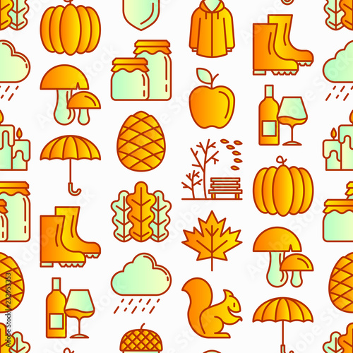 Autumn seamless pattern with thin line icons  maple  mushrooms  oak leaves  apple  pumpkin  umbrella  rain  candles  acorn  rubber boots  raincoat  pinecone  squirrel. Modern vector illustration.
