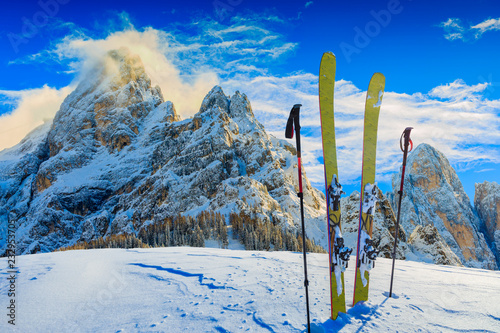 Skiing with amazing panorama of Pale di Sant Martino di Castrozza, Dolomites mountain, Italy © Gorilla