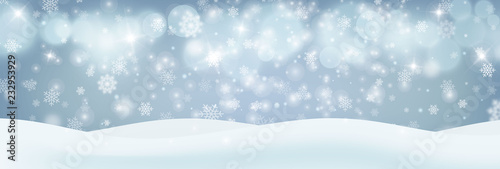 Heavy snowfall, snowflakes in different shapes and forms, vector illustration. White cold flake elements on blue background, bokeh, defocused lights. White realistic snow layers.