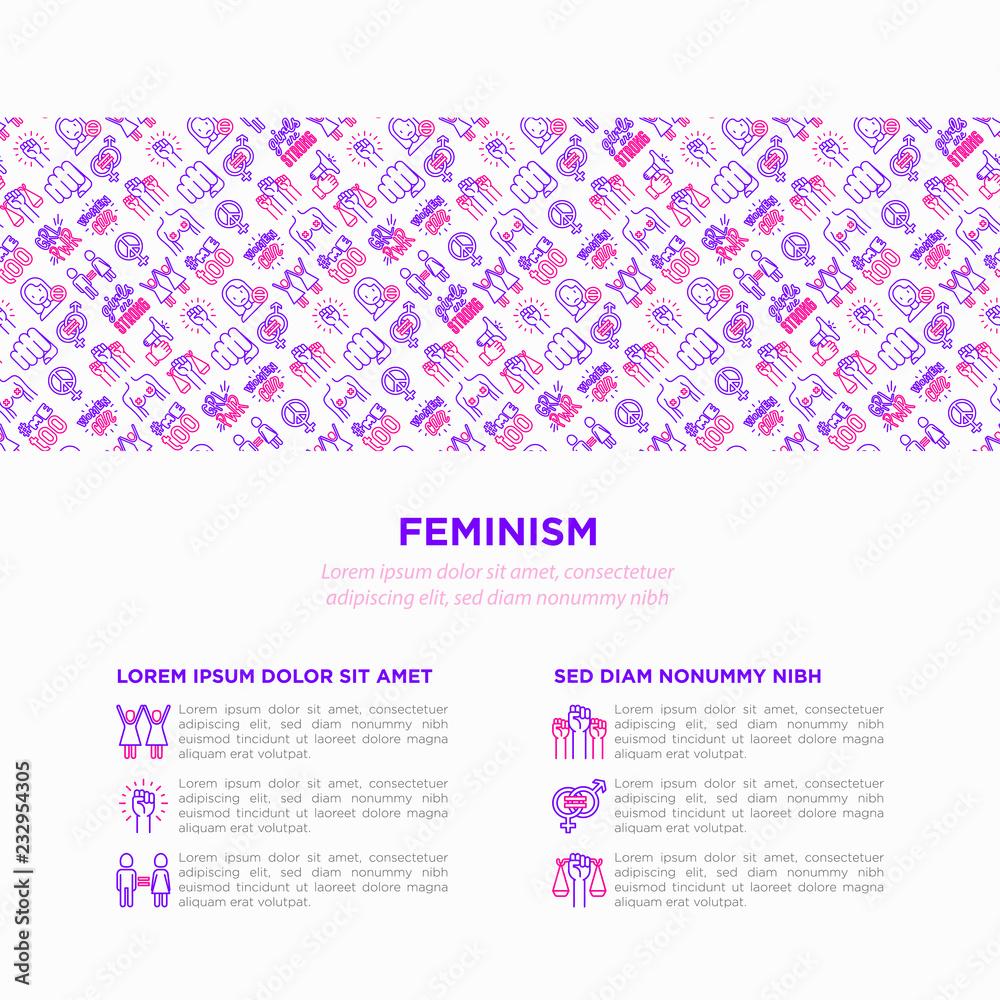 Feminism concept with thin line icons: women's rights, girl power, gender equality, sex dicrimination, me too, protest, girls are strong. Modern vector illustration, print media template.