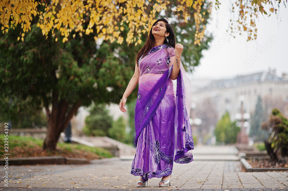 Indian hindu girl at traditional violet saree posed at autumn street. Indian hindu girl at traditional violet saree posed at autumn street.