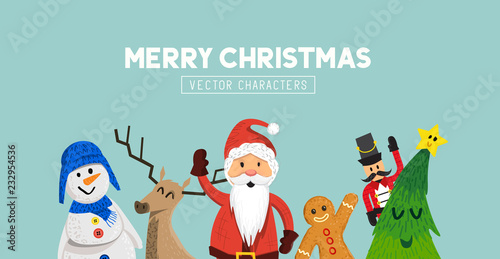 A set of waving cheerful christmas characters including Santa and a snowman. Vector illustration