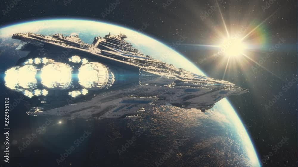 Beautiful scene of spaceship above earth in 4K
