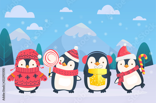 christmas penguins on snowy background