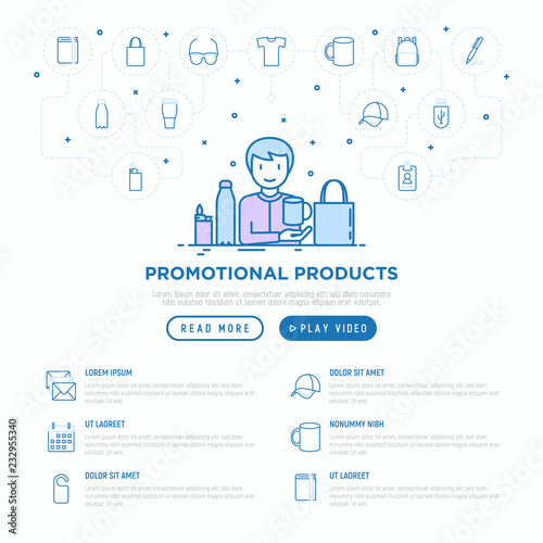 Manager with promotional products for clients. Concept with thin line icons: tote bag, t-shirt, water bottle, pen, backpack, cup, hat, usb, lighter. Vector illustration, web page template.