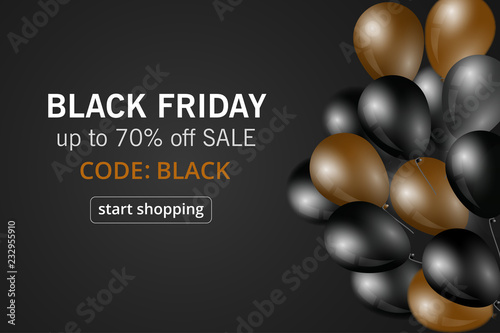 Black friday sale background with frame and transparent realistic balloons. Modern design.Universal vector background for poster  banners  flyers  card
