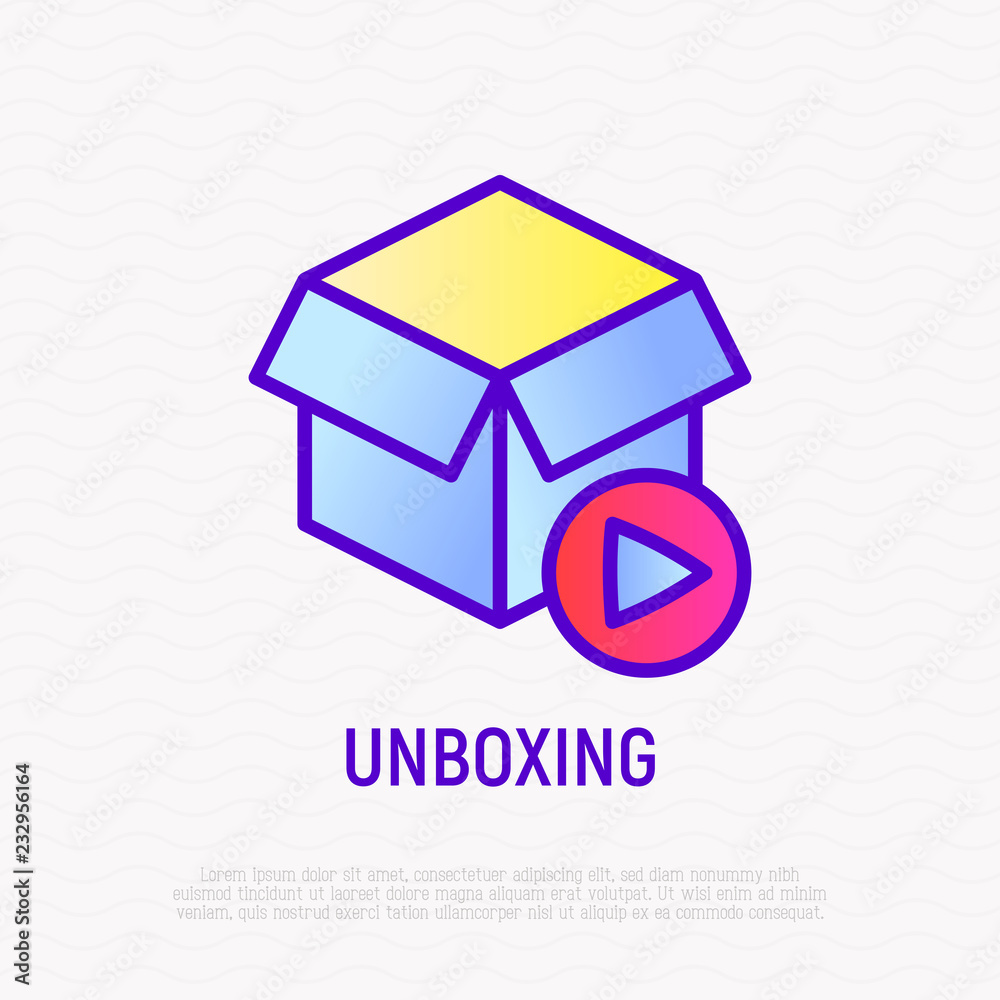 Unboxing video thin line icon: opened box with play button. Modern