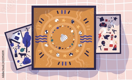Sandboxes, trays or boxes with sand and miniature toy figures. Sandplay therapy, psychotherapeutic practice, therapeutic method of treatment through play. Vector illustration in flat cartoon style.