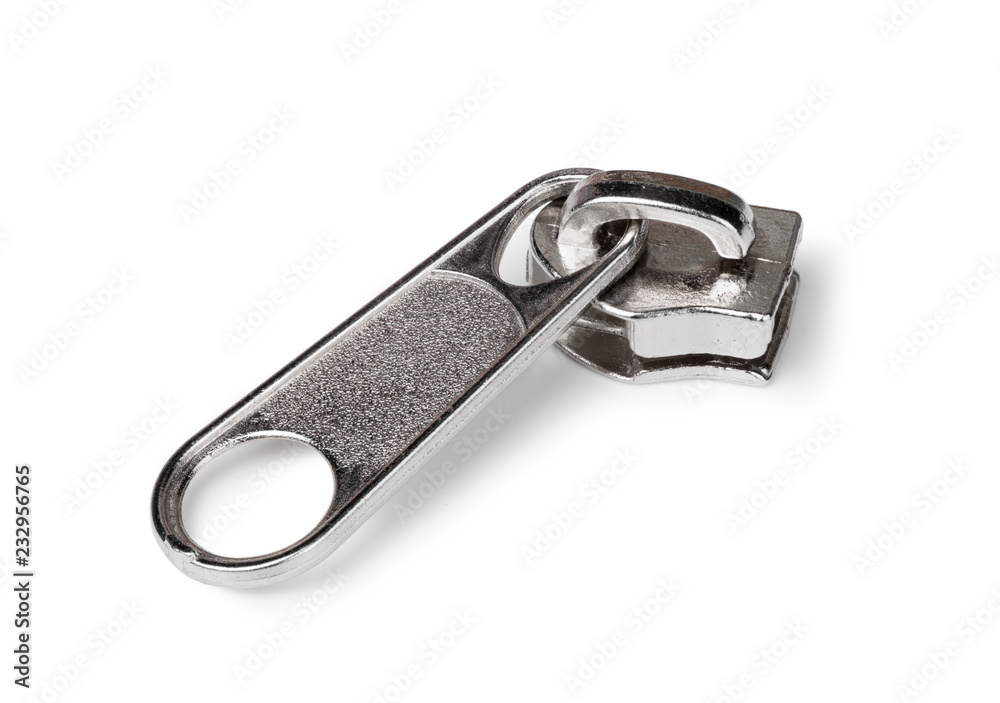 A metal slider zipper isolated on a white background