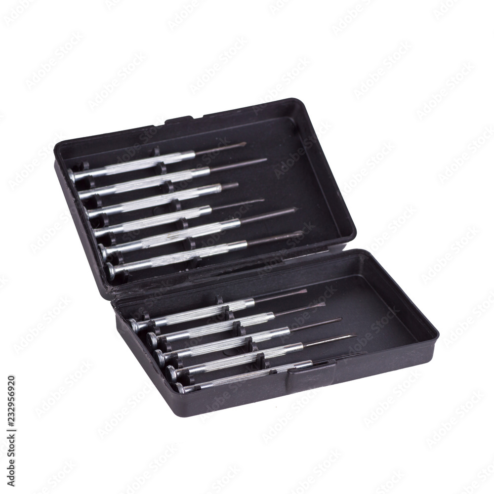 set of screwdrivers in black box isolated on white background set of screwdrivers in black box isolated on white background