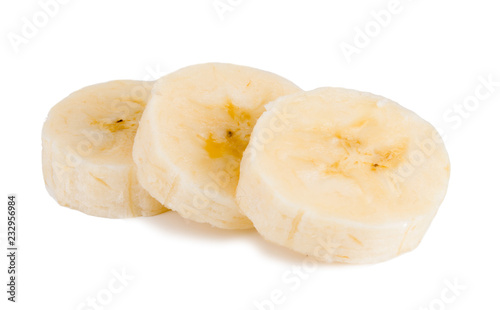 Closeup of banana slice isolated on white background. With clipping path.