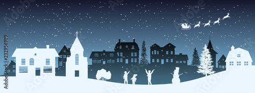 Christmas nigh panorama. Silhouettes of kids looking at Santas sleigh. Celebration scene. Paper village landscape. Holidays graphic