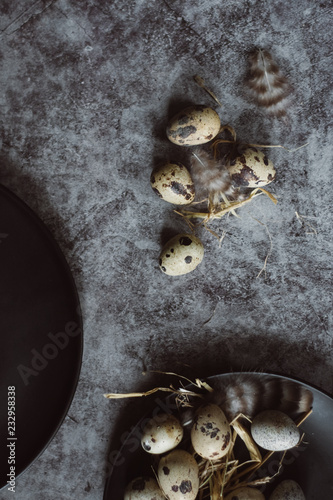 Raw quail eggs on black plate, easter concept, dark concrete background, top view