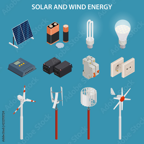 Solar and wind energy generation. Electrical equipment. Vector set.
