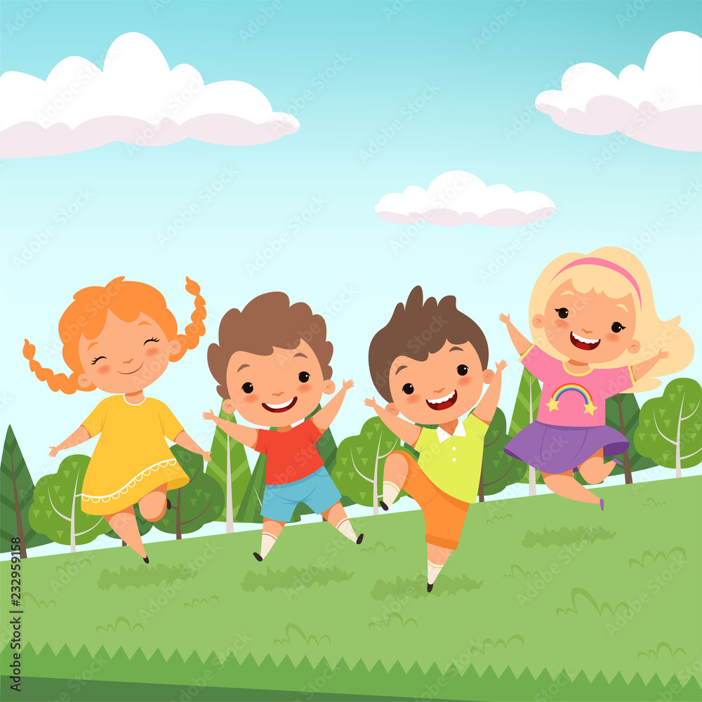 Party jummping characters. Cute happy childrens jump and playing at playground or urban park vector cartoon characters isolated. Boy and girl, cartoon childhood illustration